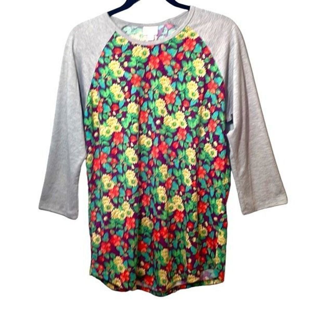LuLaRoe Randy baseball style print and solid raglan sleeve top L